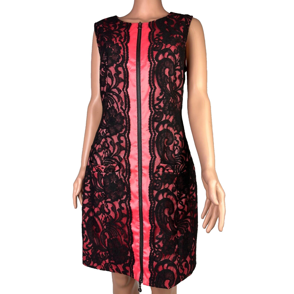 Samuel Dong Lace Overlay Detail Zip Front Sleeveless Sheath Cocktail Dress Med